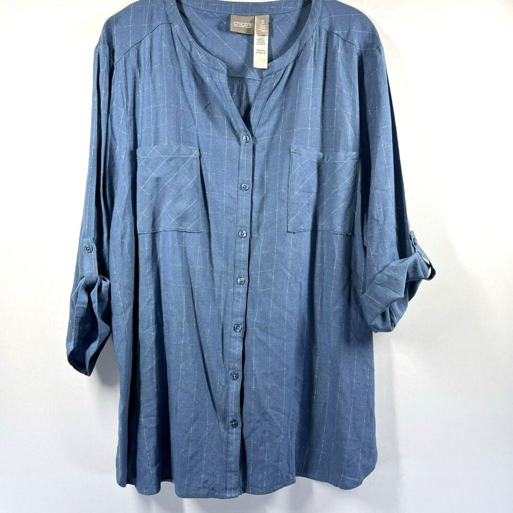 Chico's Women's Blouse Top Size XL Blue Silver Metallic Threads Roll Tab Sleeves